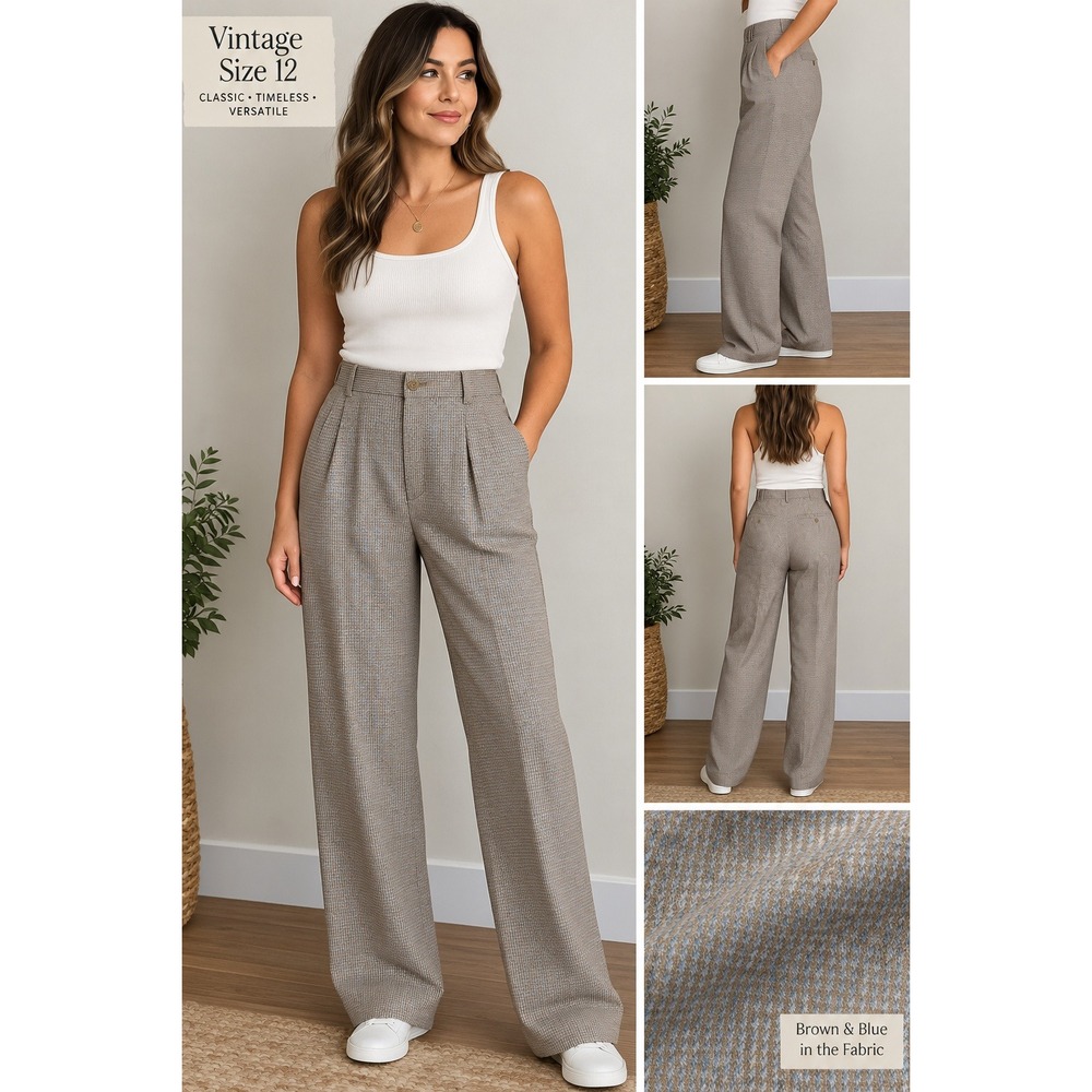 Liz Sport Vintage 90s Striped Pleated Cotton Trousers Tan White Size 14 NWT
